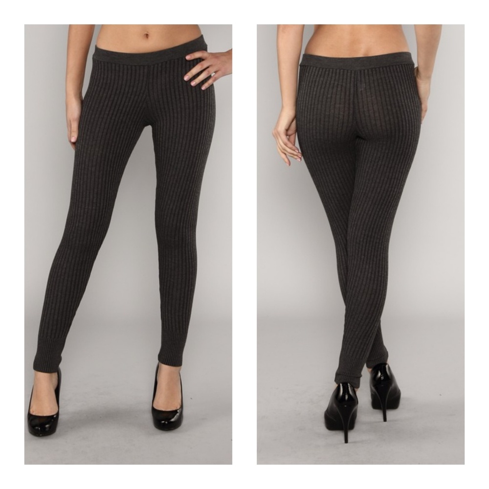 Grey Ribbed Knit Warm Leggings